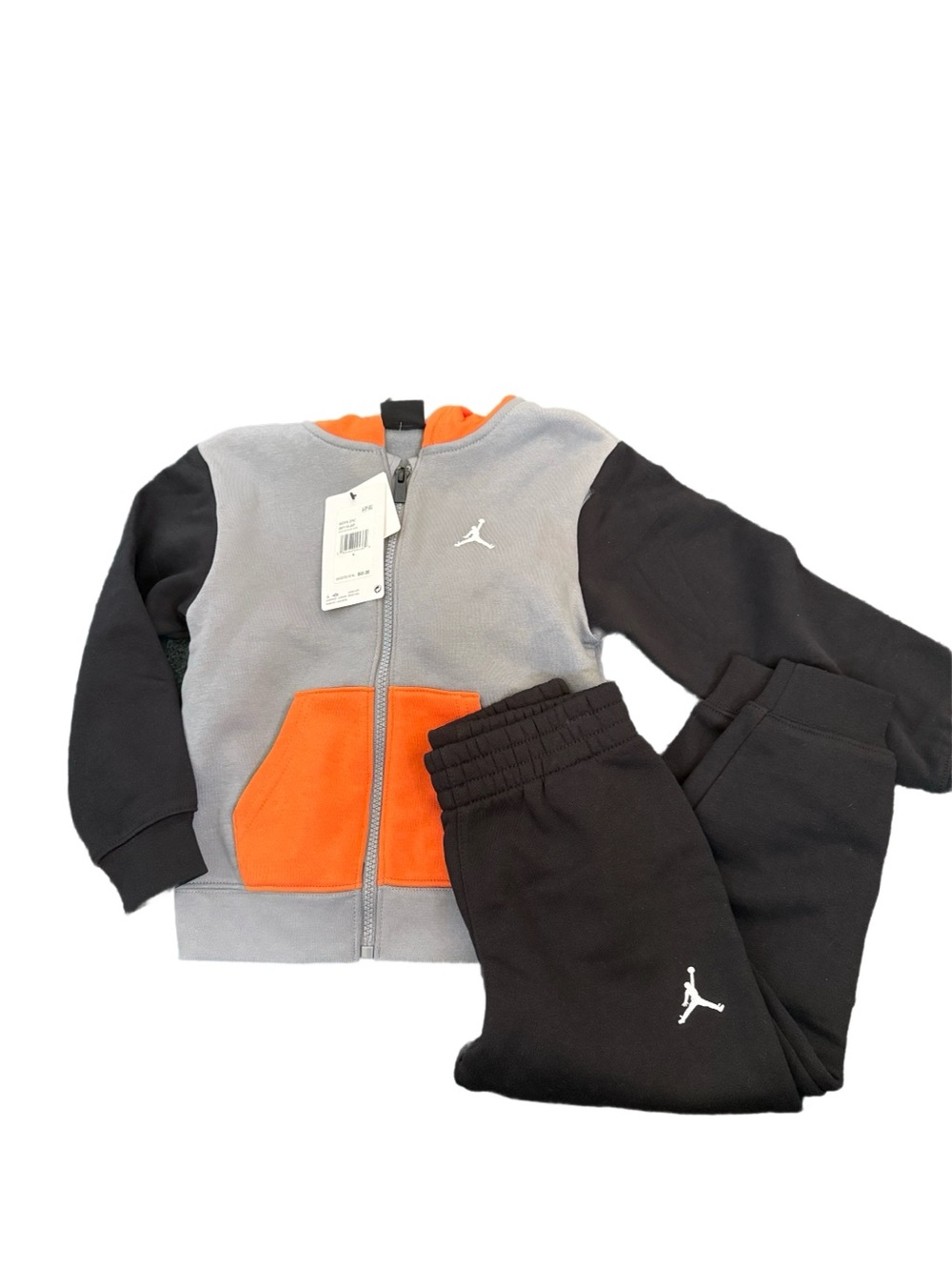 Jordan Kids' Gray & Orange Fleece Zip Hoodie and Black Joggers Set size kids 4